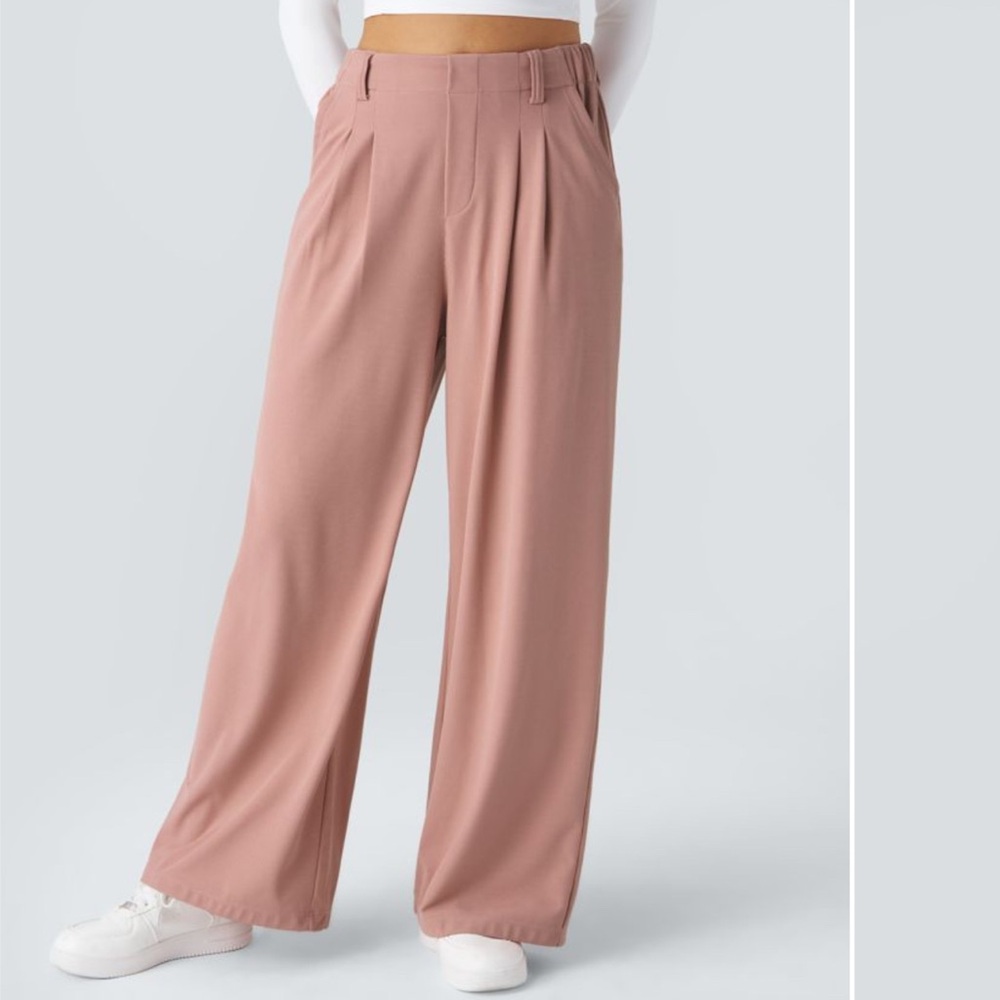 High Waisted Plicated Side Pocket Wide Leg Waffle Work Pants